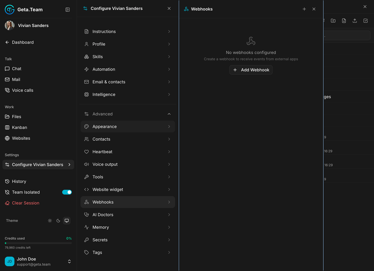 The webhooks screen