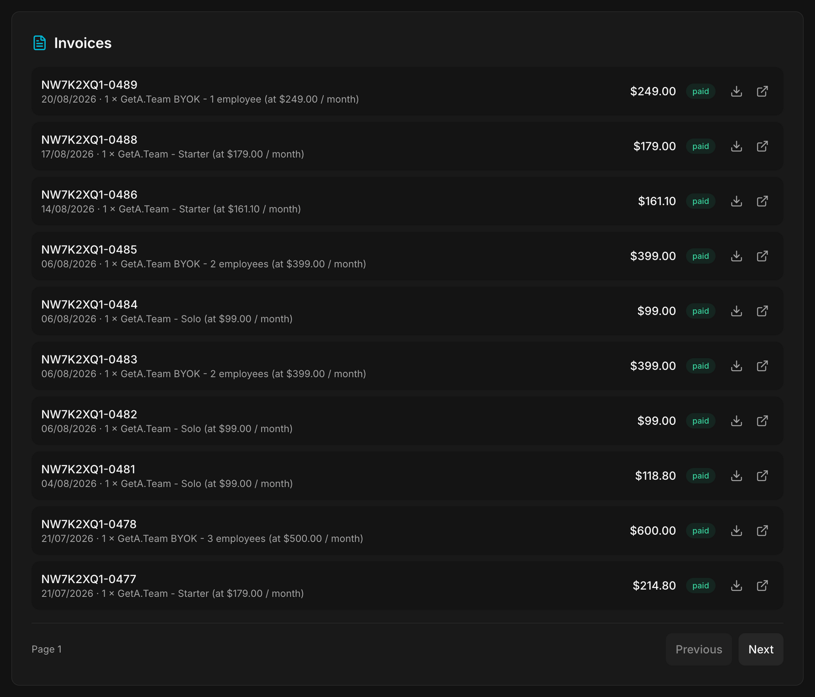 The invoice list