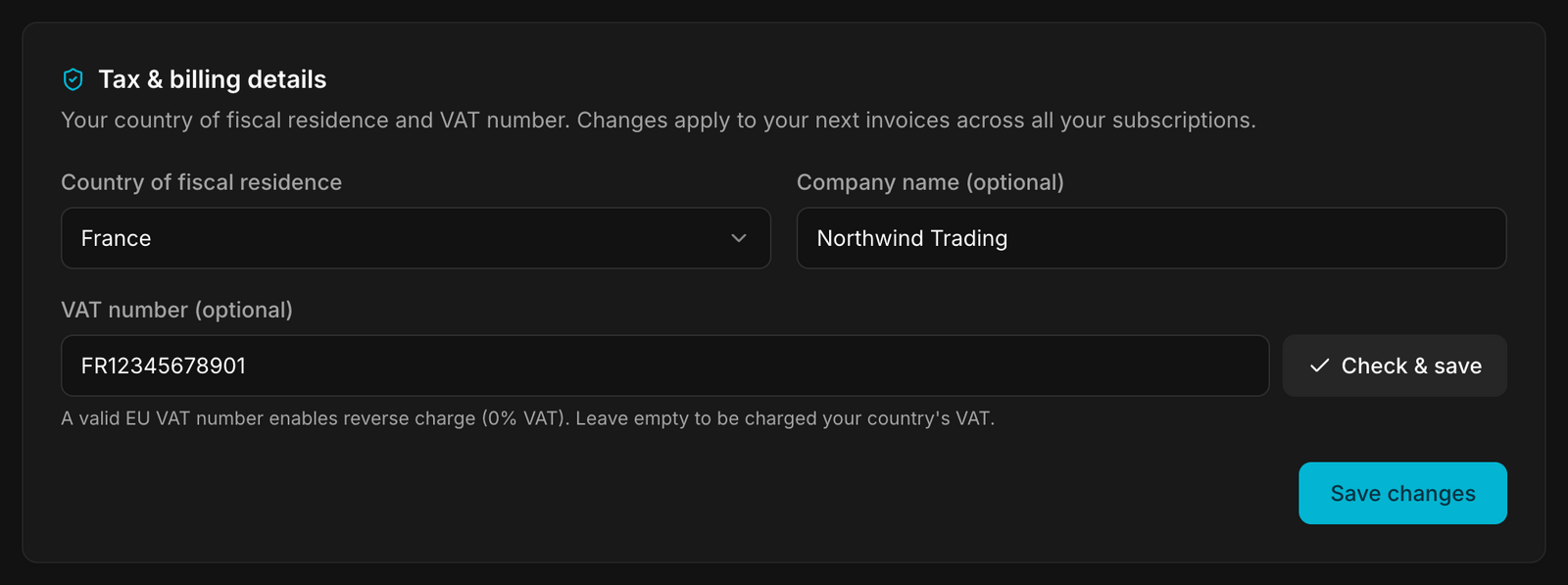 Tax and billing details
