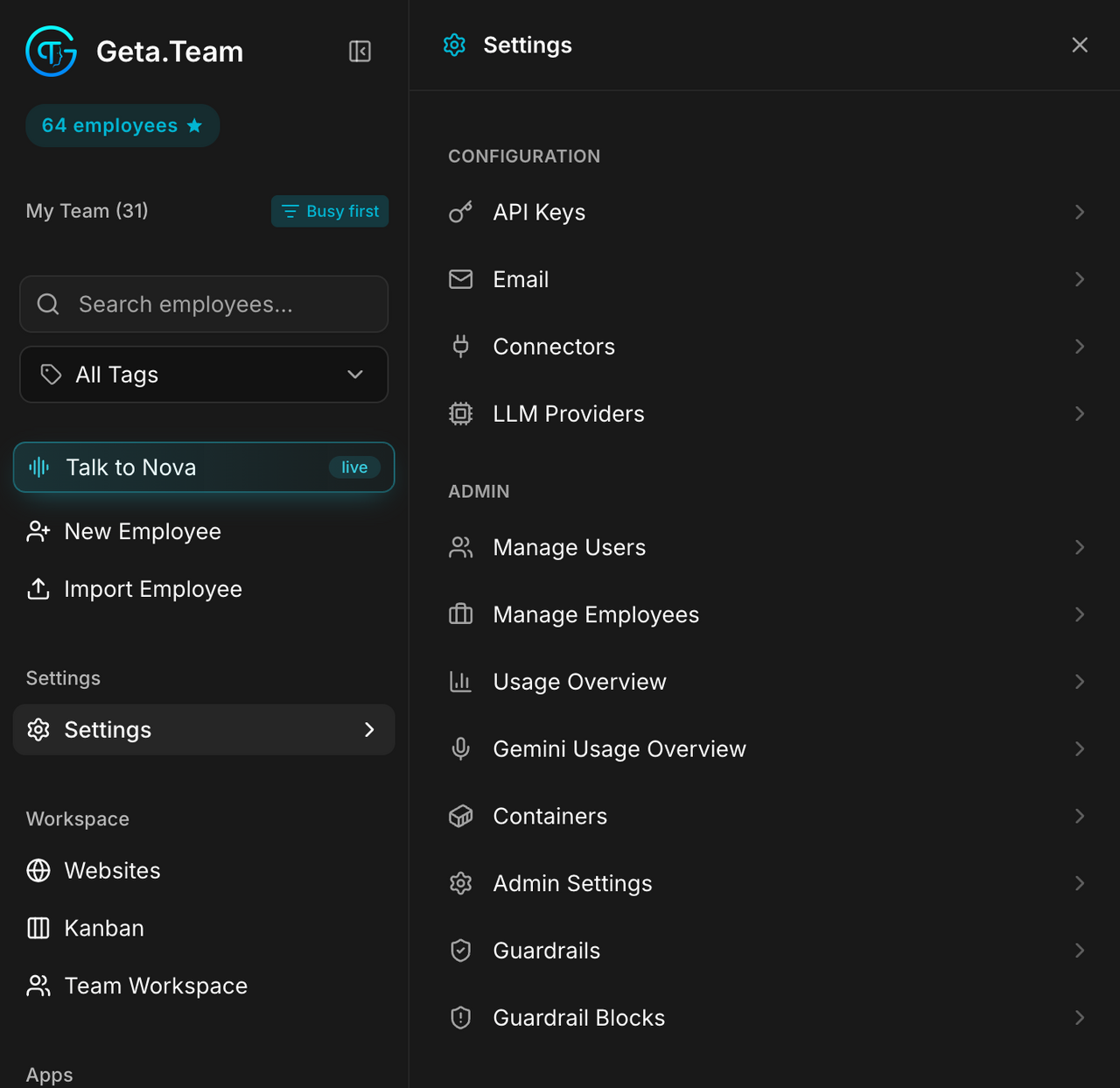 The Settings panel on a BYOK workspace, with API Keys and LLM Providers