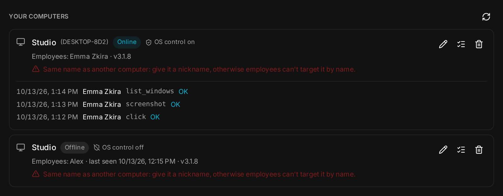The activity log of a computer