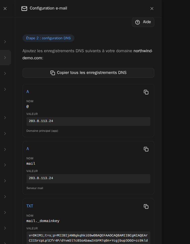 Les enregistrements DNS des réglages E-mail