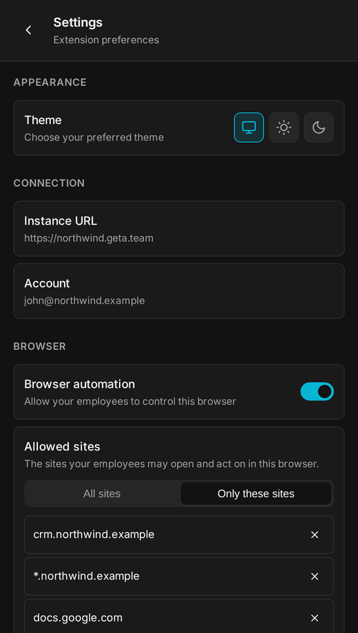 Les sites autorisés dans les réglages de l'extension
