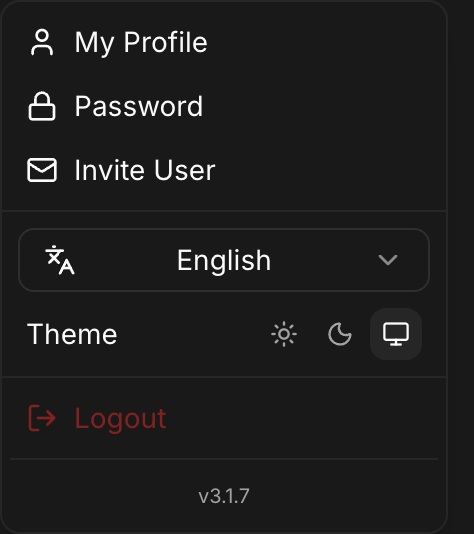 The user menu: language and theme