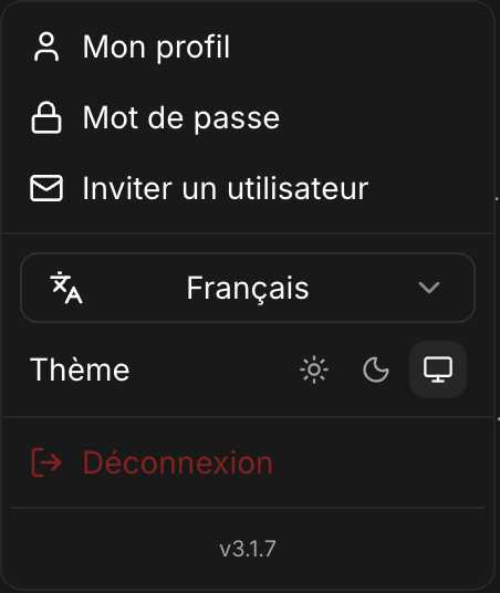 Le menu utilisateur : langue et thème