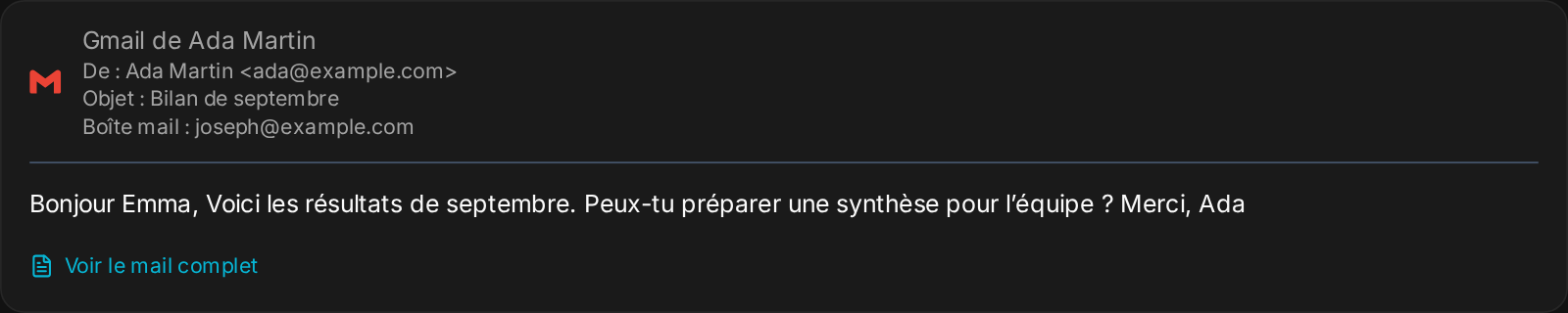 La carte d'un email entrant