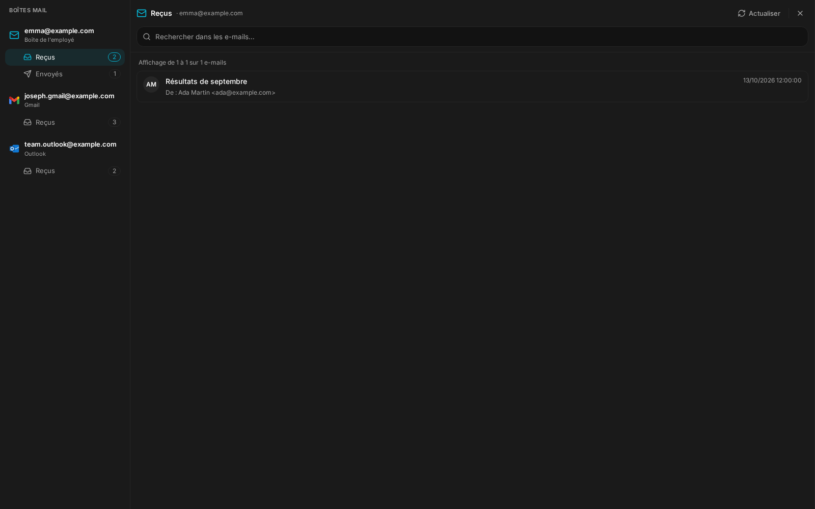 Le panneau Mail et ses boîtes