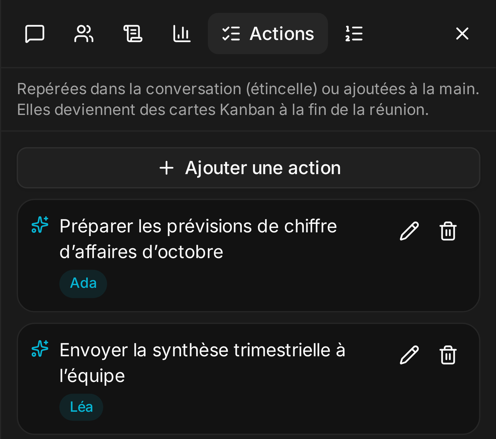 Le panneau Actions