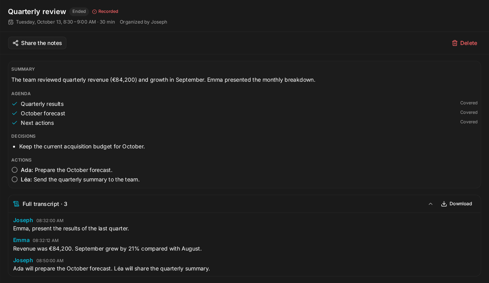 An ended meeting: summary and transcript