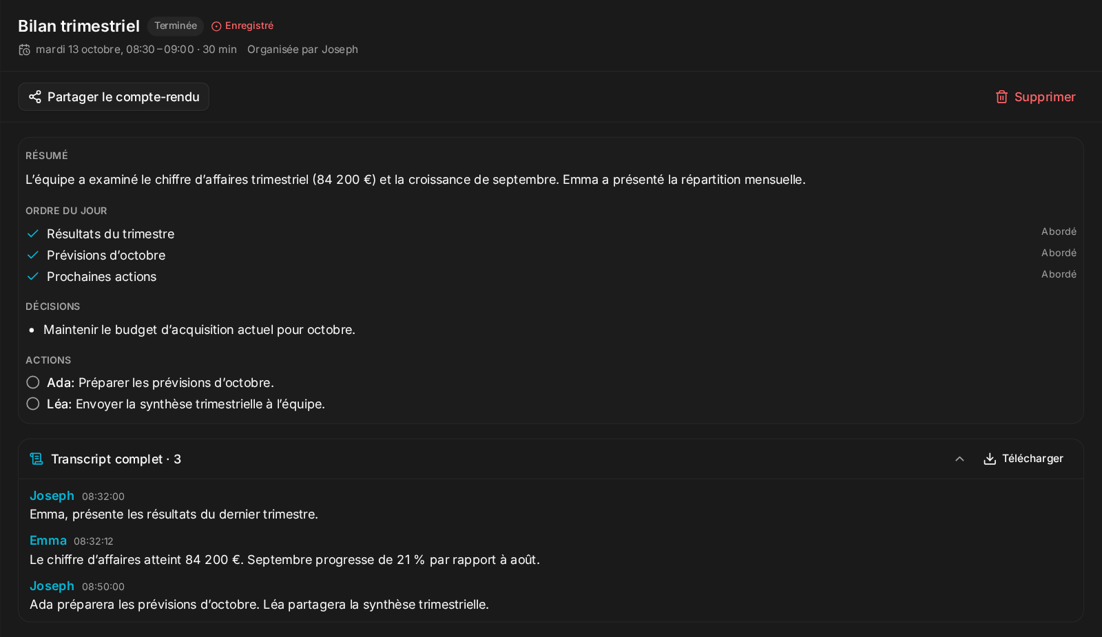 Une réunion terminée : résumé et transcription