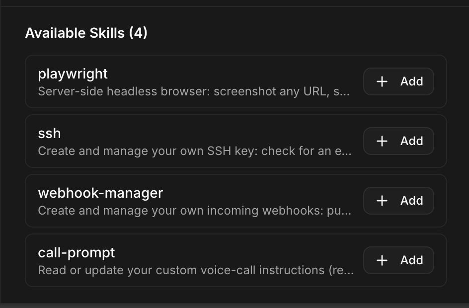 Available skills, one click each