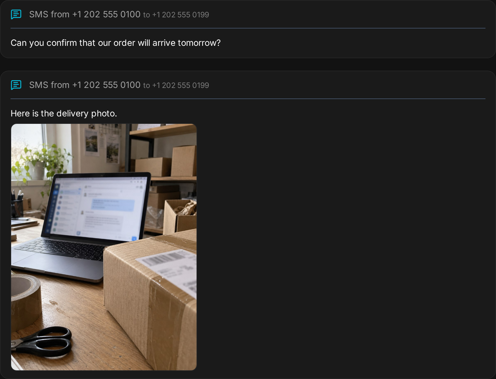 An SMS card in the chat