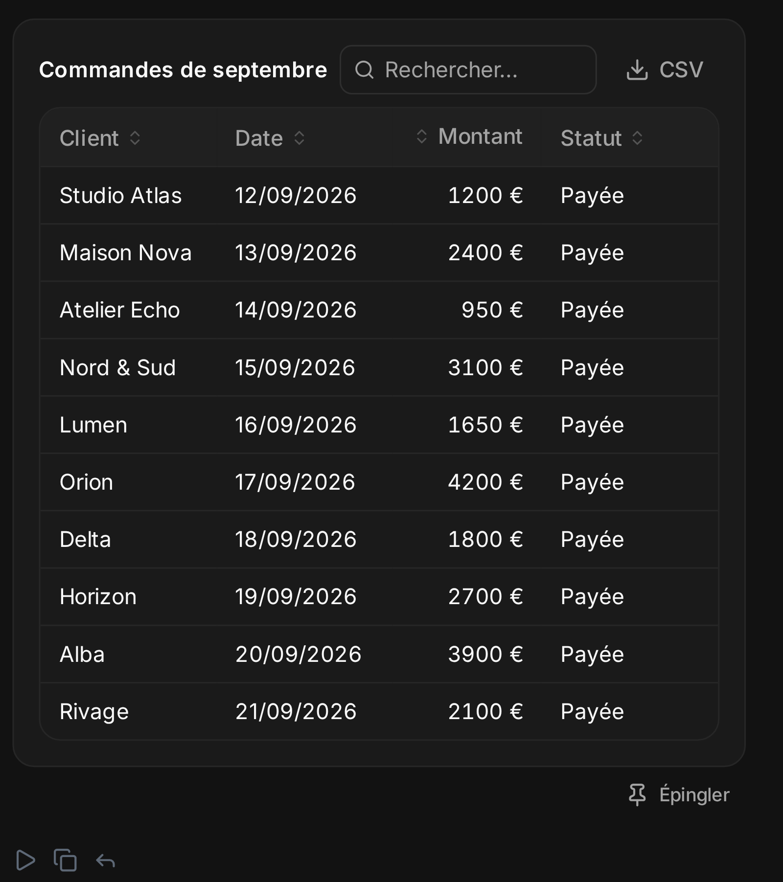 Un tableau avec Rechercher et Exporter en CSV