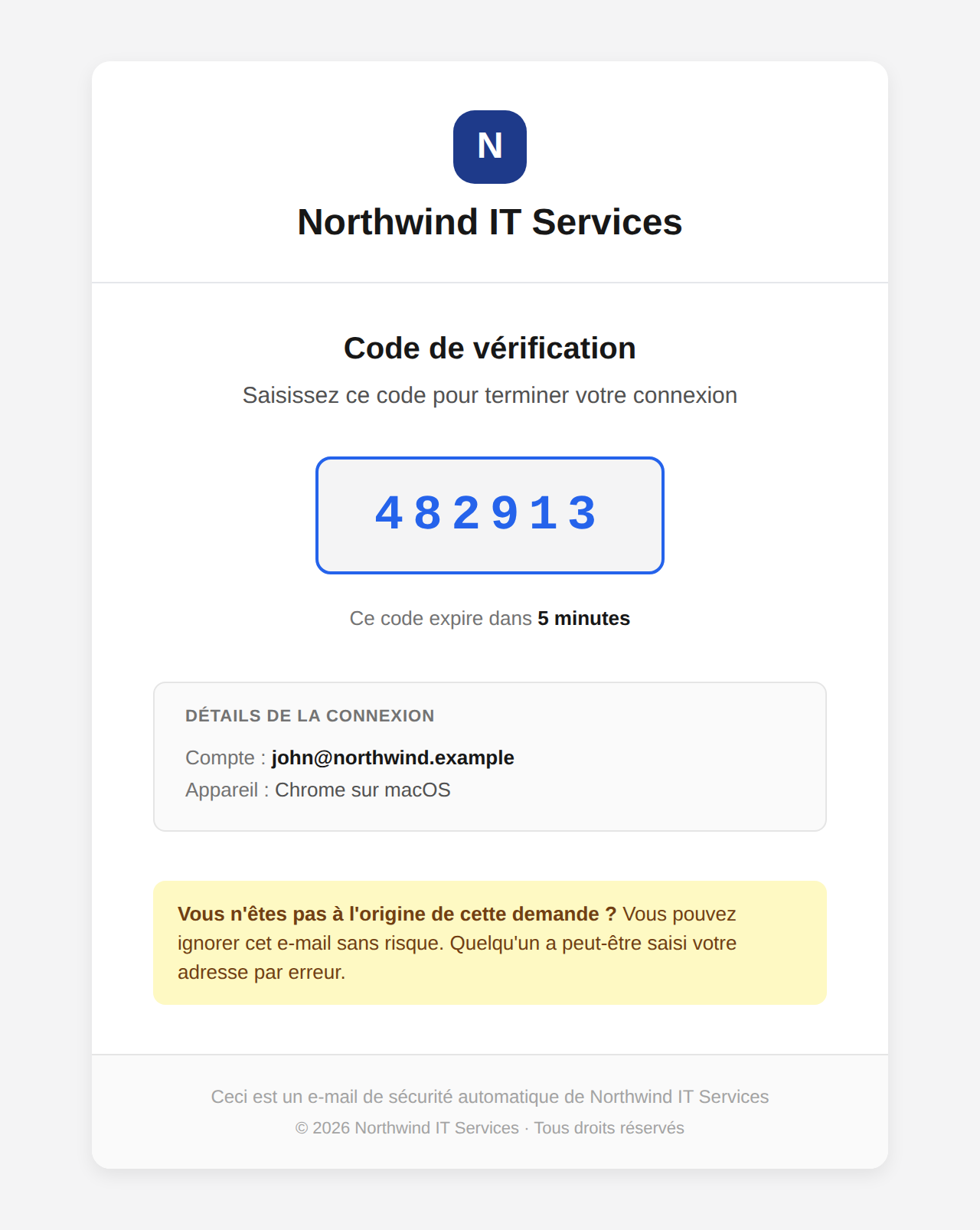 Un e-mail de code de connexion à la marque de l'instance