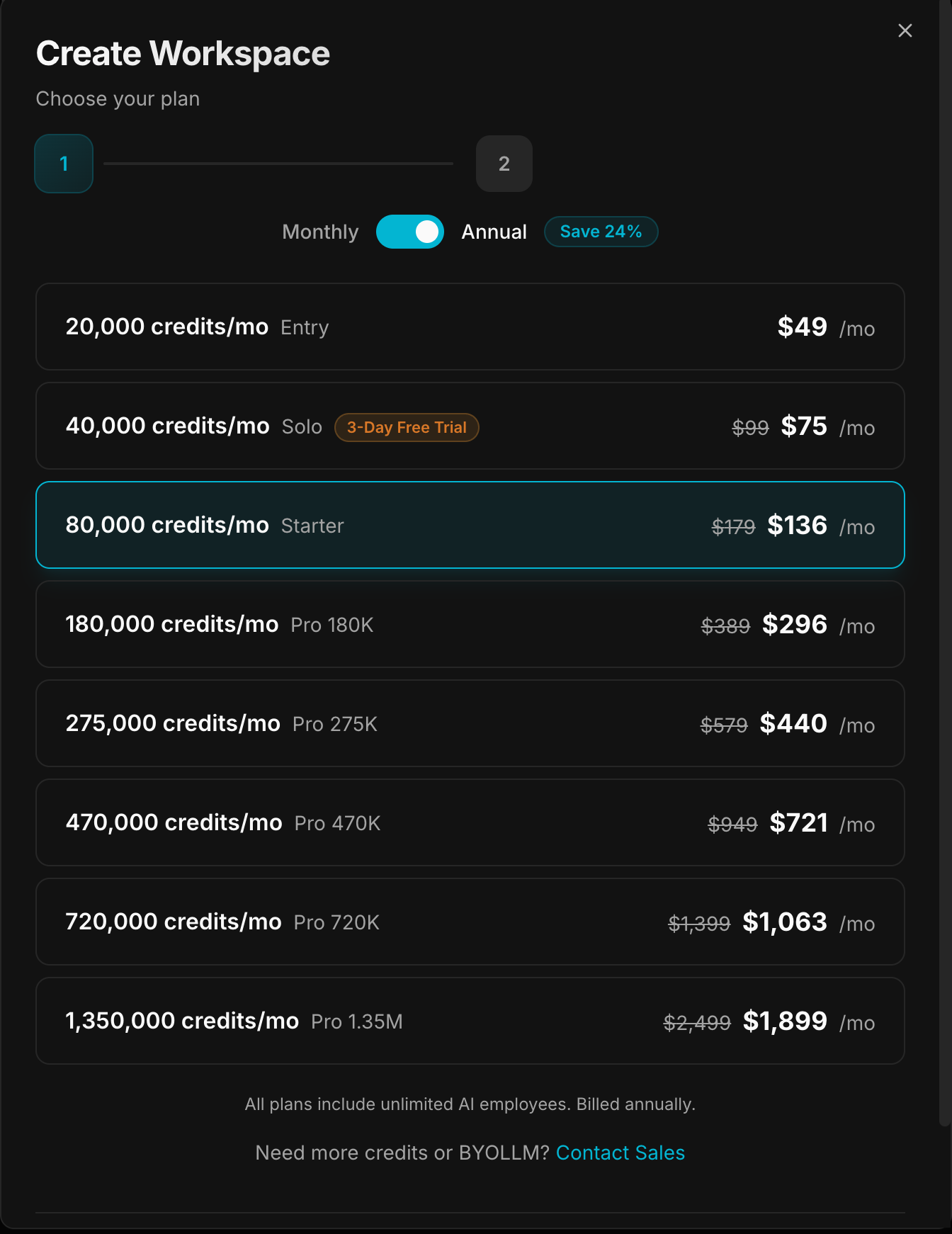 Plan picker with Annual toggle showing 24% discount